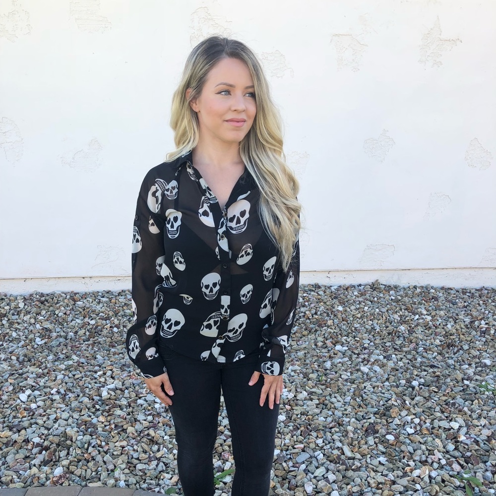 Skull button down sheer blouse